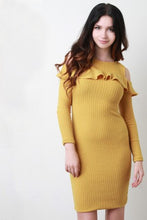 Ribbed Knit Cold Shoulder Ruffle Midi Dress