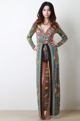 Paisley Surplice Romper Maxi Dress