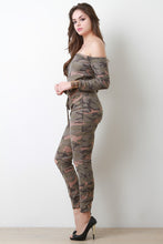 Off The Shoulder Camouflage Cut Out Knees Jumpsuit