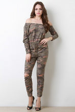 Off The Shoulder Camouflage Cut Out Knees Jumpsuit