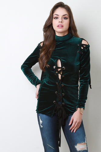 Soft Velvet Cold Shoulder Lace Up Top
