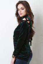 Soft Velvet Cold Shoulder Lace Up Top