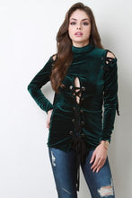 Soft Velvet Cold Shoulder Lace Up Top
