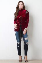 Soft Velvet Cold Shoulder Lace Up Top