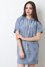 Distressed Hooded Short Sleeve Sweater Dress