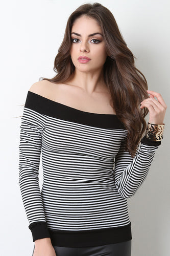 Ribbed Knit Off The Shoulder Thin Striped Top