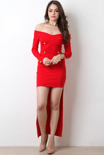 Double Breasted Bardot Tail Hem Dress