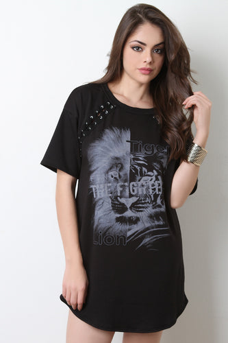 Lace Up Tiger Graphic Print Sweater Dress
