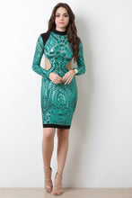 Patterned Sequin Long Sleeves Open Back Cocktail Dress