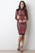 Patterned Sequin Long Sleeves Open Back Cocktail Dress
