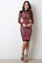 Patterned Sequin Long Sleeves Open Back Cocktail Dress