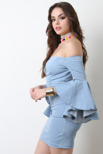 Off the Shoulder Ruffle Sleeves Denim Dress