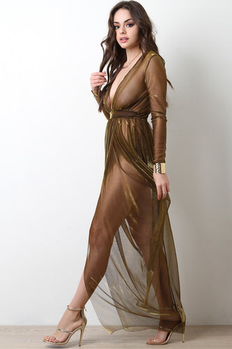 Metallic Semi-Sheer Deep V Maxi Dress