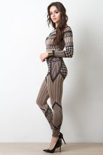 Stretchy Long Sleeve Geo Pattern Jumpsuit