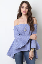 Gingham Print Bell Sleeves Open Back Blouse Top