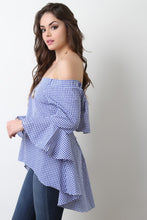 Gingham Print Bell Sleeves Open Back Blouse Top
