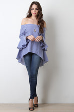 Gingham Print Bell Sleeves Open Back Blouse Top