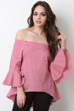 Gingham Print Bell Sleeves Open Back Blouse Top