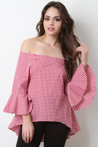 Gingham Print Bell Sleeves Open Back Blouse Top