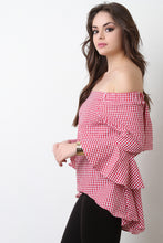 Gingham Print Bell Sleeves Open Back Blouse Top