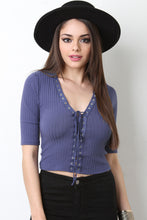 Lace Up Eyelet Ribbed Knit Top