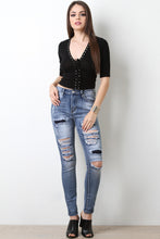 Lace Up Eyelet Ribbed Knit Top
