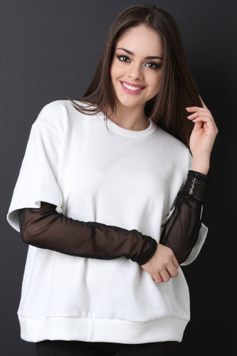 Boxy Terry Knit Semi-Sheer Sleeve Top