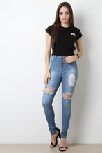 Five Buttons High Waisted Distress Denim Jeans