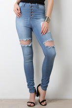 Five Buttons High Waisted Distress Denim Jeans