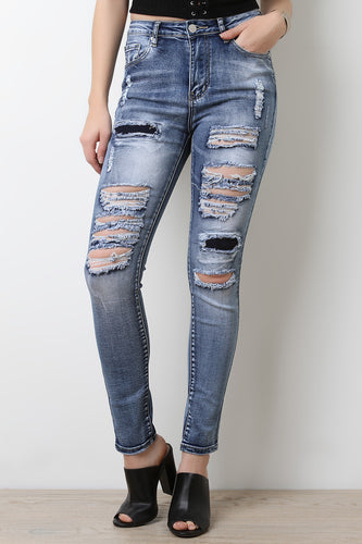 Distressed Faded Wash Denim Jeans