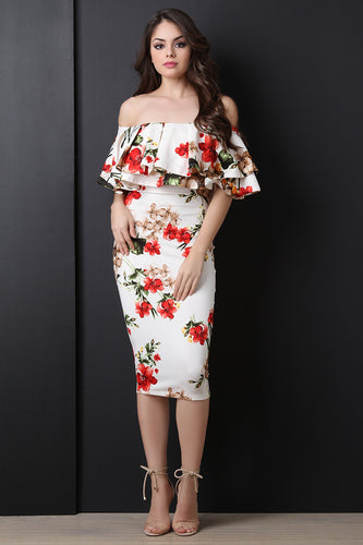 Off The Shoulder Floral Print Midi Dress