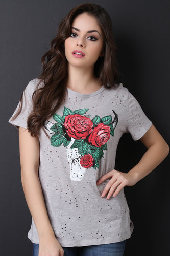 Distressed Floral Bull Skull Top