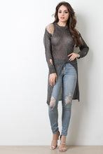 Shredded Metallic Loose Knit Longline Top