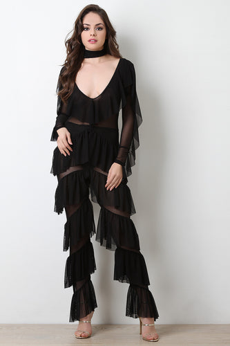 Mesh Ruffle Tier Jumpsuit