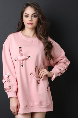 Grommet Oversized Satin Lace-Up Sweatshirt