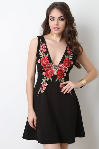Floral Applique Sleeveless Fit And Flare Dress