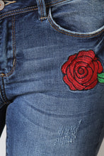 Rose Embroidery Slightly Distressed Jeans