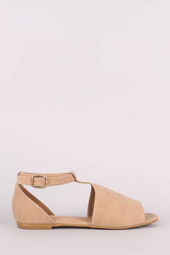 Bamboo Nubuck Cutout Ankle Strap Flat Sandal