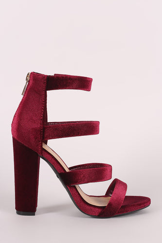 Bamboo Strappy Velvet Ladder-Up Chunky Heel