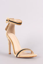 Velvet Embroidered Military Stripe Ankle Strap Heel