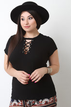 Ribbed Knit Lace-Up Short Sleeves Top