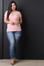 Ribbed Knit Lace-Up Short Sleeves Top